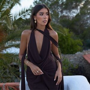 ZARA BROWN DRAPED HALTER DRESS